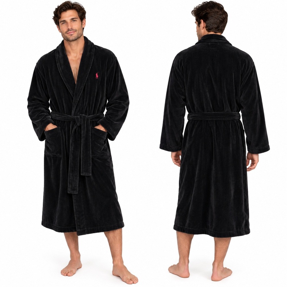 Vintage 90s Polo Ralph Lauren Robe One Size Black Cotton Terry Red Pony Brazil
